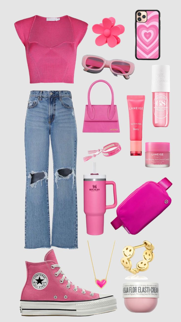 a woman's pink outfit and accessories are arranged in the shape of a heart