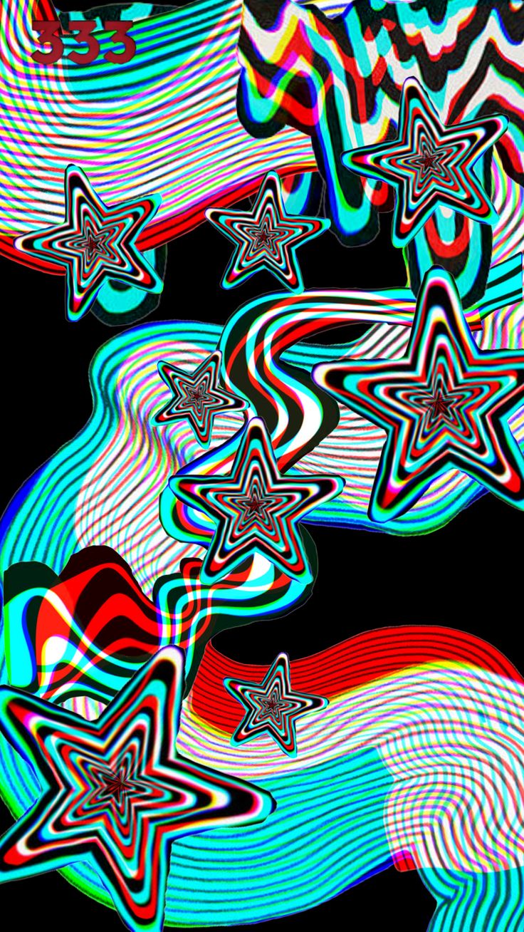 an image of abstract art with stars and lines on black background in blue, red, green, pink