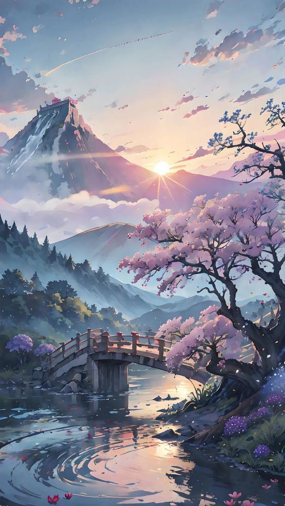 a painting of a mountain with trees and flowers in the foreground is a bridge over a river