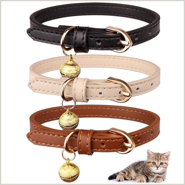 Jamktepat 3 Pack Leather Cat Collars with Bells Soft Pet Safety Collar Kitten Collars with Bell Black Chocolate Beige Fancy Collar, Kitten Accessories, Flower Cat Collar, Black Chocolate, Kitten Collars, Pet Kitten, Pink Collars, Pet Safety, Cat Accessories