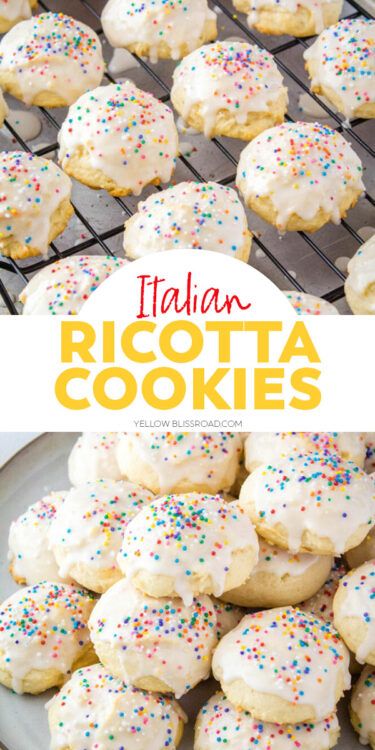 the recipe for italian ricotta cookies with white frosting and sprinkles