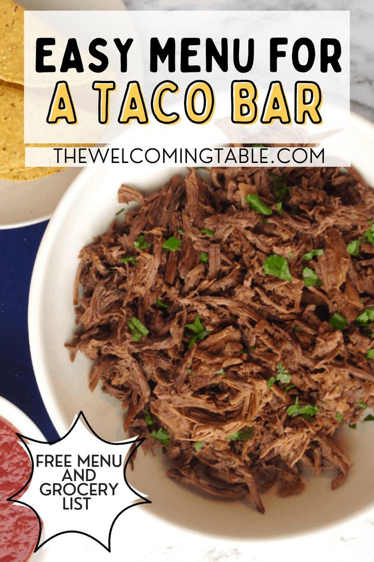 Instant pot shredded Mexican beef sits in a bowl. Taco Bar Menu, Taco Bar Party, Easy Menu, Tasty Beef Stew, Free Grocery List, Easy Main Dishes, Simple Menu, Taco Party, Crowd Pleasing Recipes