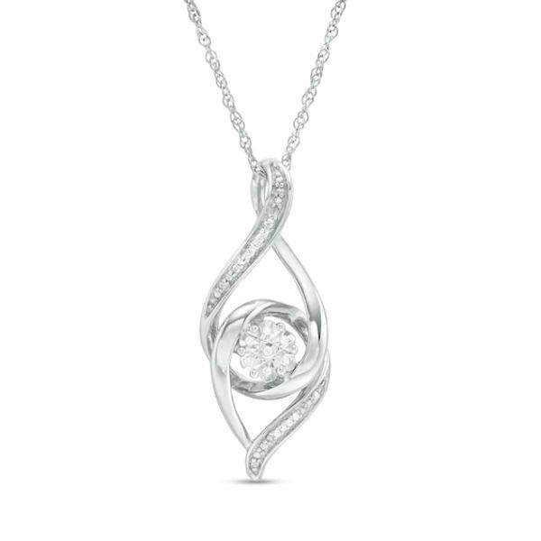 Raise the fashion bar with this eye-catching diamond pendant. Created in sterling silver, this flame-shaped design showcases a sculpted diamond-touched ribbon looped around a shimmering diamond composite - artfully set to enhance size and sparkle. Radiant with 1/20 ct. t.w. of diamonds and a bright polished shine, this pendant suspends along an 18.0-inch rope chain that secures with a spring-ring clasp. White Jewelry With Diamond Accents And Modern Twist, Modern White Jewelry With Diamond Accents, White Diamond Jewelry With A Modern Twist, Modern White Diamond Jewelry, Meghan Markle Engagement Ring, Pendant Designs, Diamond Pendants Designs, Mom Ring, Diamond Pendants