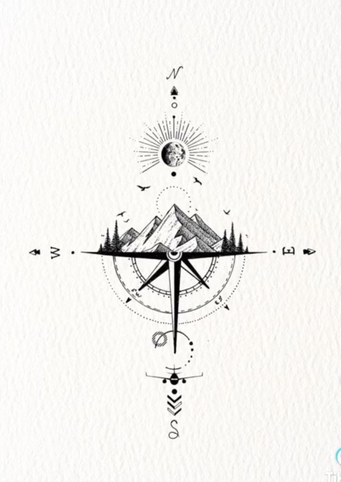 a compass with mountains and trees in the background, on top of a white paper