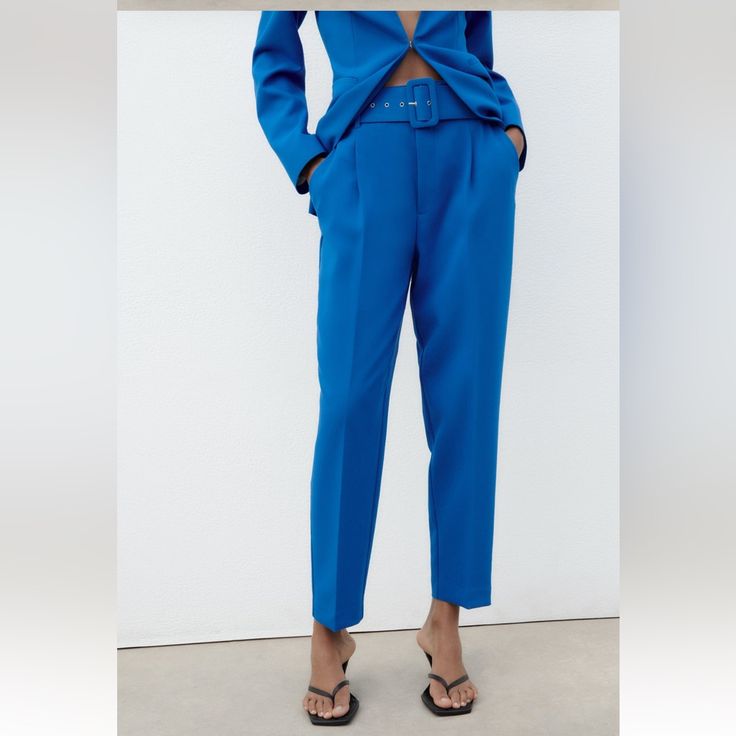 Zara Pants With Fabric-Covered Belt Zara Tapered Leg Pants With Belt Loops, Zara Pants With Belt Loops And Tapered Leg, Zara Ankle-length Pants With Belt Loops, Blue Office Bottoms With Belt Loops, Zara Pants With Belt Loops For Office, Blue High Waist Bottoms For Office, Office Blue Pants With Belt Loops, High Waist Blue Office Bottoms, Blue High-waisted Bottoms For Office