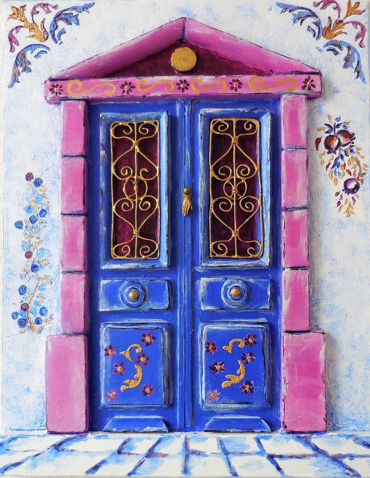 a painting of a blue and pink door with ornate designs on the outside, in front of a white wall