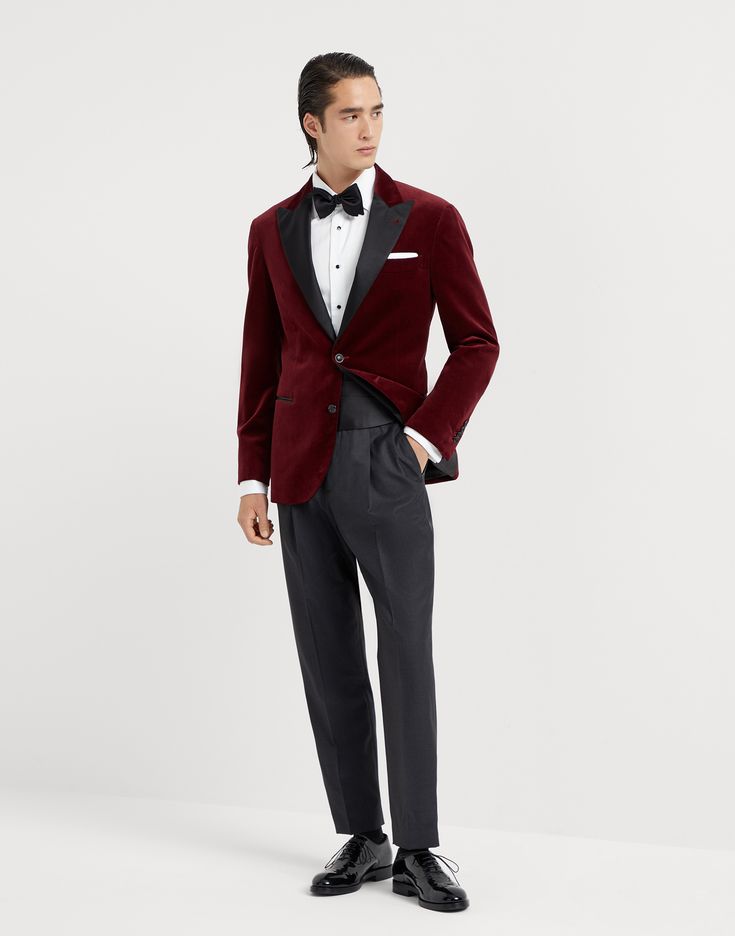 Cotton velvet tuxedo jacket with peak lapels Brunello Cucinelli style interprets the iconic elegance of the tuxedo in a contemporary way. A timeless, casual-inspired fabric, cotton velvet enhances the season’s colors and creates an elegant material contrast with the glossy effect of the silk and cotton satin used for the peak lapel and trim. The construction of the jacket follows the fit that distinguishes the style of the Menswear collections, fitted in the chest with slightly pronounced should Velvet Tuxedo Jacket, Jacket For Man, Velvet Tuxedo, Peak Lapel, Tuxedo Jacket, The Peak, Cotton Velvet, Shirt Skirt, Event Dresses