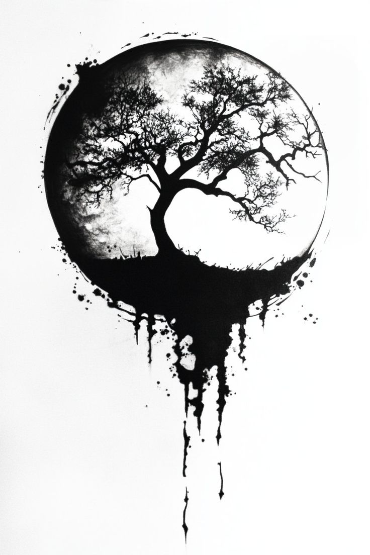 a black and white drawing of a tree with dripping paint on it's side