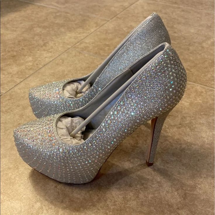 New Silver High Platform Heels Bedazzled With Diamond Looking Jewels/Rhinestones. Perfect For A Special Occasion Or Costume. Crystal Heels With Bling And Round Toe, Glamorous Heels With Bling And Round Toe, Crystal Heels With Round Toe For Party, Glamorous Rhinestone Heels With Round Toe, Bedazzled Heels, Bling Heels With Round Toe For Prom, Prom Heels With Bling And Round Toe, Glamorous Bedazzled Heels With Round Toe, Crystal Embellished Heels With Round Toe