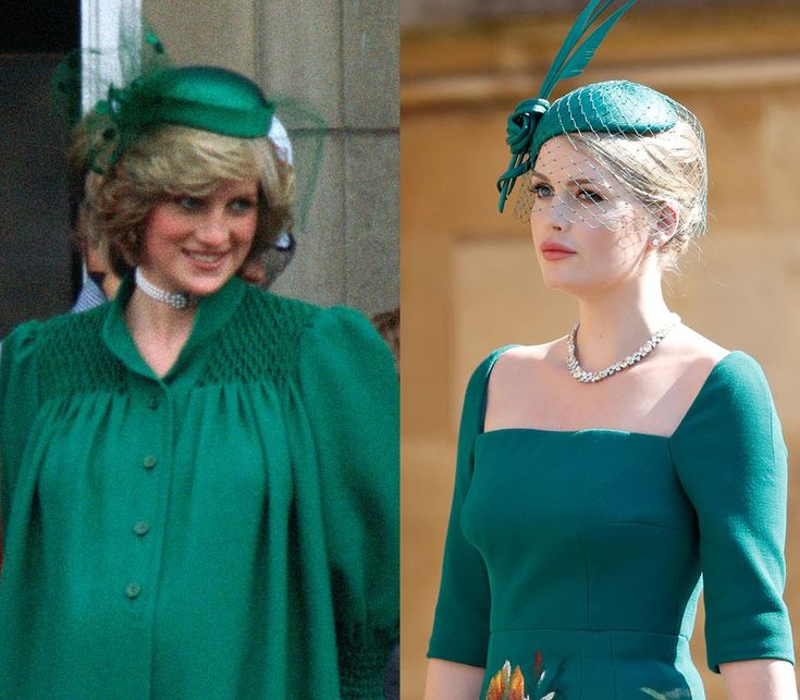 two women in green dresses and hats, one is wearing a hat with feathers on it