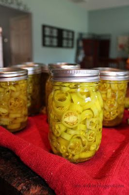 four jars filled with pickles sitting on top of a red cloth covered tablecloth