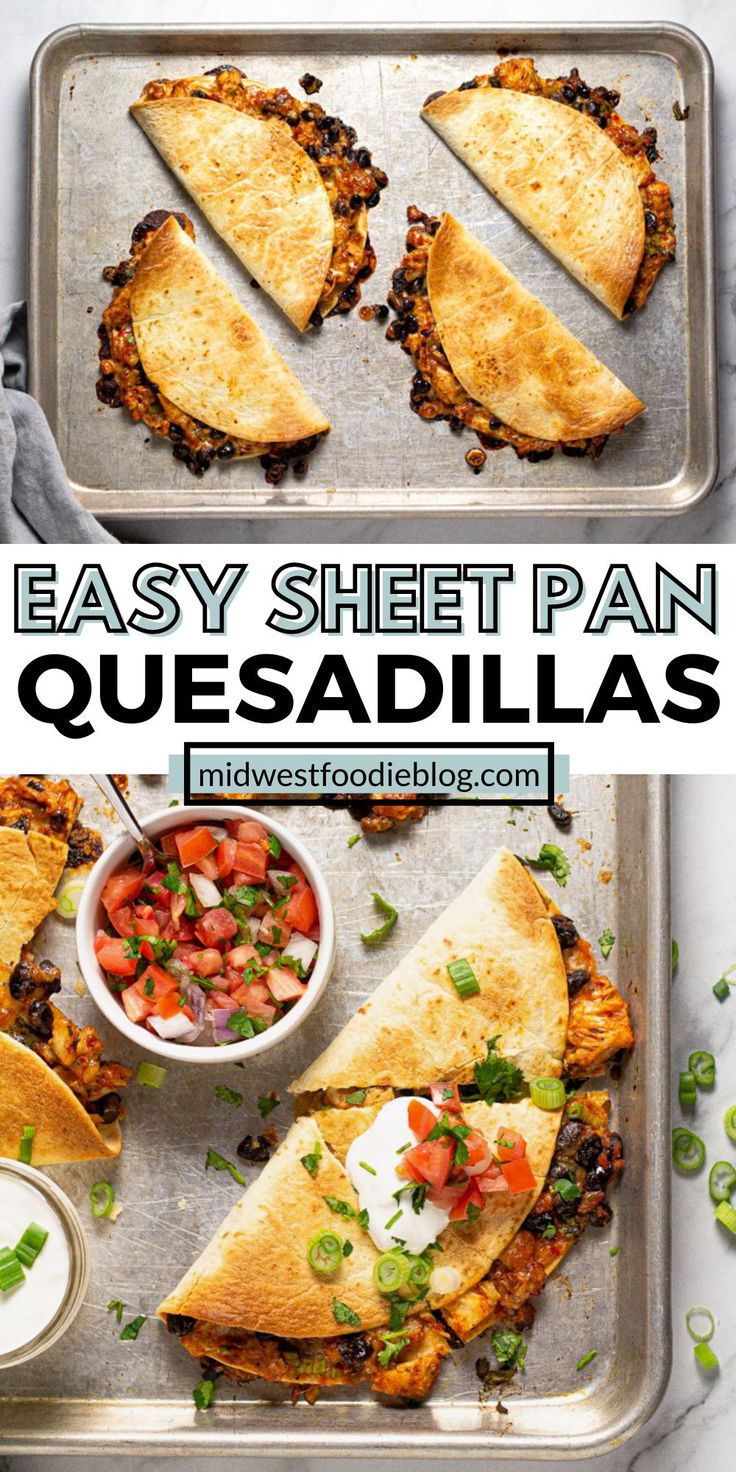 mexican quesadillas on a baking sheet with salsa in the background