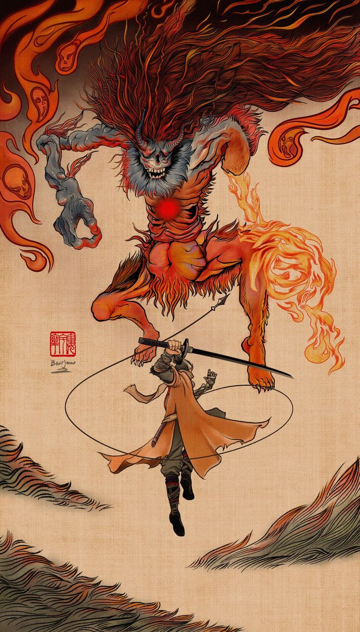 an illustration of a demon attacking a man with two swords in his hand and fire behind him