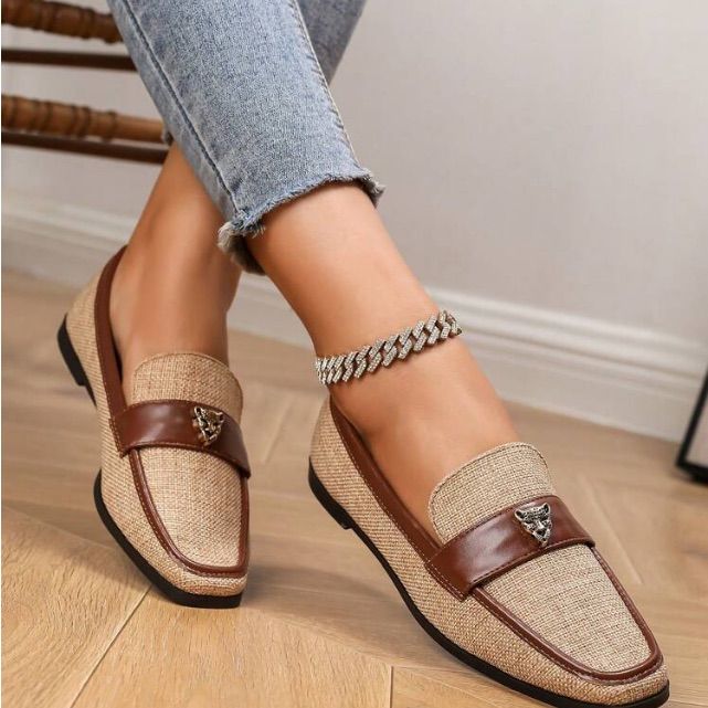 Two Tone Classic Loafers Brown Flat Loafers For Spring, Spring Brown Flat Loafers, Spring Brown Loafers, Brown Summer Loafers With Flat Heel, Brown Flat Loafers For Summer, Trendy Brown Slip-on Flats, Casual Summer Office Flats, Brown Summer Office Flats, Summer Brown Loafers For Office