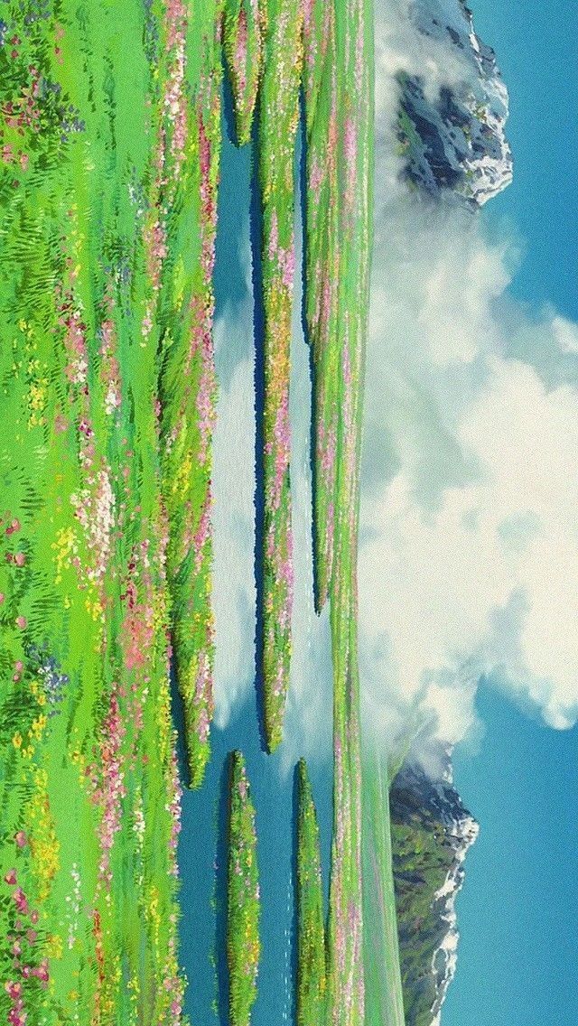 an artistic painting of grass and flowers in the sky