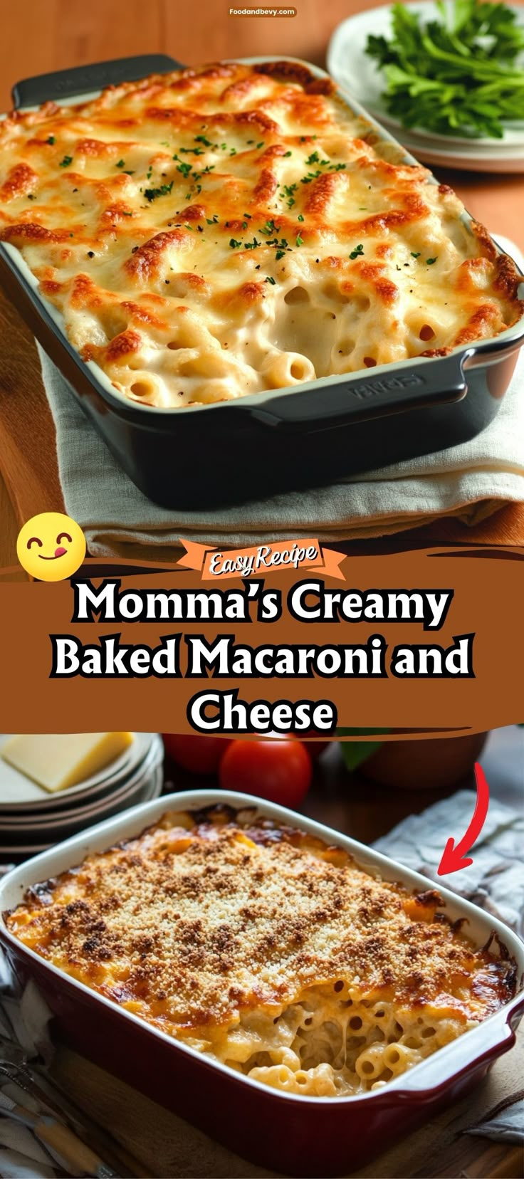 a casserole dish is shown with the words momma's creamy baked macaroni and cheese