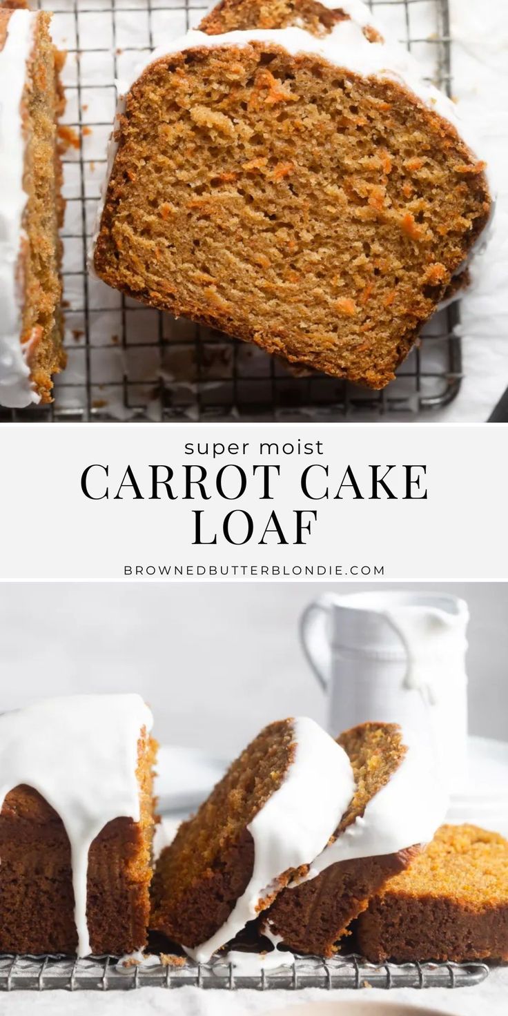 carrot cake loaf with white frosting on top and sliced in half next to it