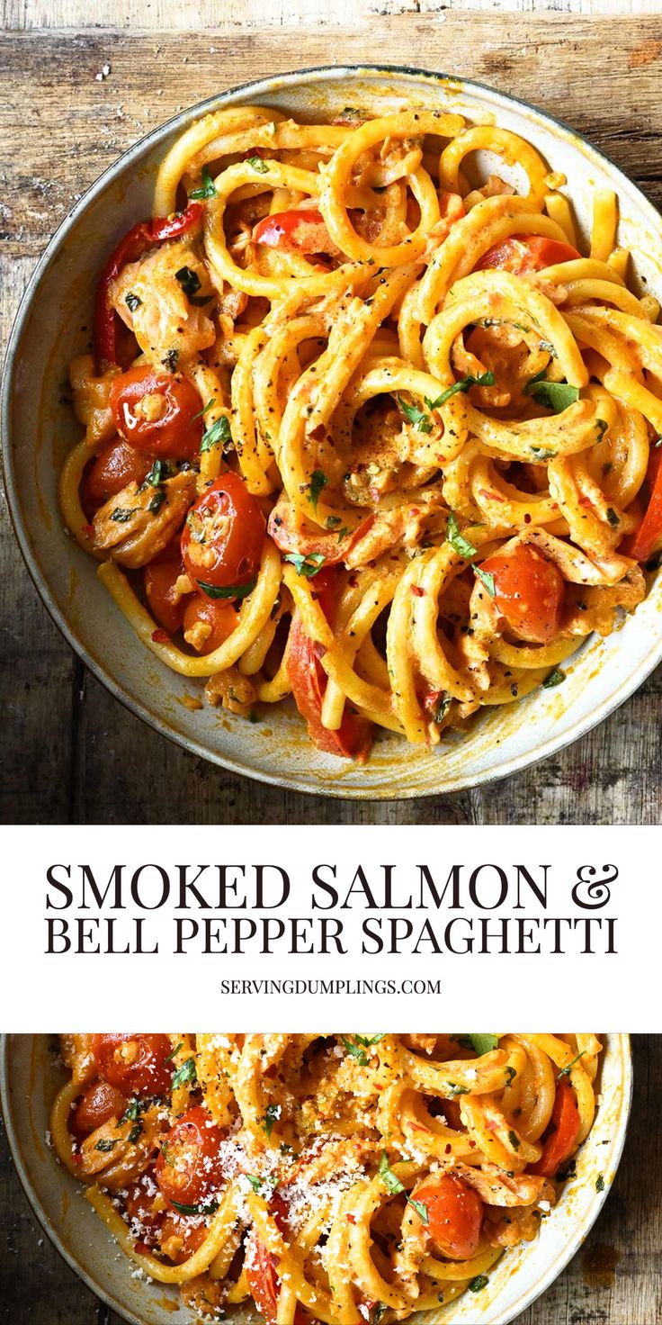 two plates of smoked salmon and bell pepper spaghetti on a wooden table with text overlay that reads smoked salmon and bell pepper spaghetti