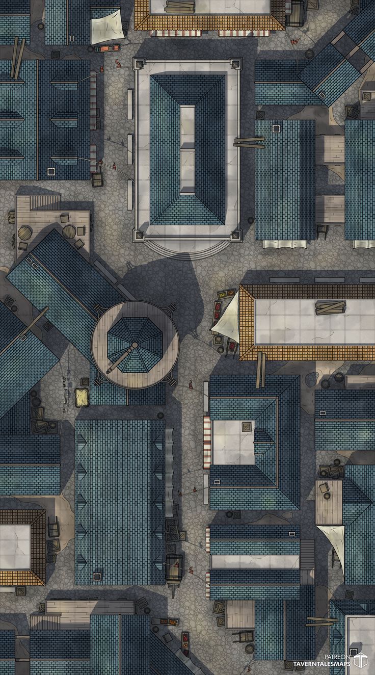 an aerial view of some buildings with blue roofs