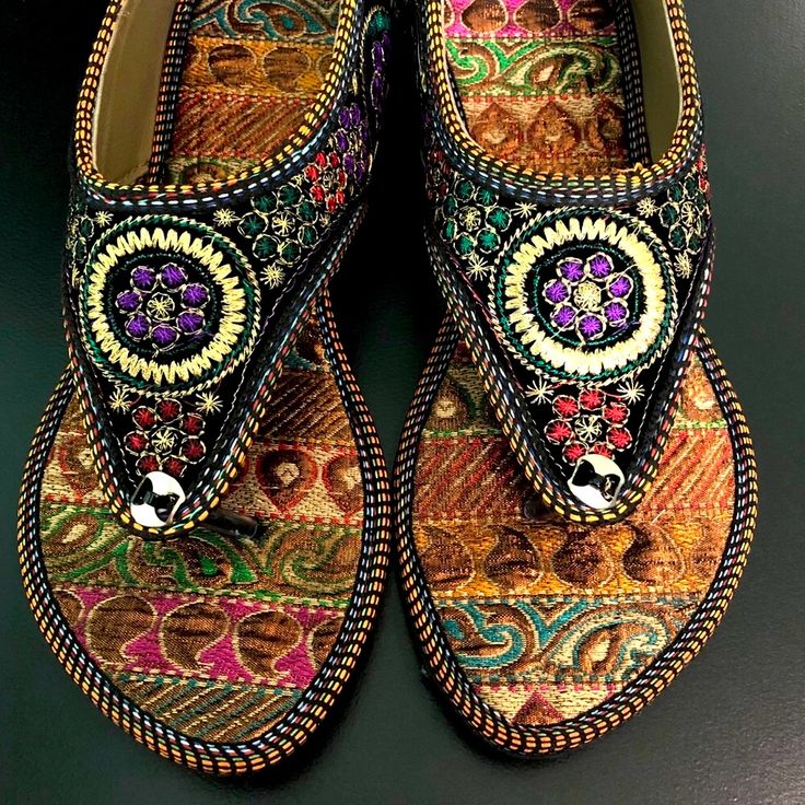 Multi-Color Handcrafted Sandals From India New, Never Worn Fits Us Sizes 7 1/2-8 (Sizing Is Not Always Perfect) Velcro Straps Casual Flat Embellished Sandals, Casual Embellished Flat Sandals, Embroidered Flat Sandals For Summer, Flat Embroidered Sandals For Beach, Bohemian Multicolor Embroidered Sandals, Embroidered Sandals For Summer Festival, Multicolor Embroidered Open Toe Sandals, Embroidered Multicolor Open Toe Sandals, Flat Embellished Festival Sandals