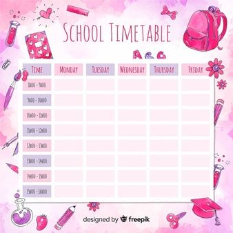 a school timetable with pink items on it