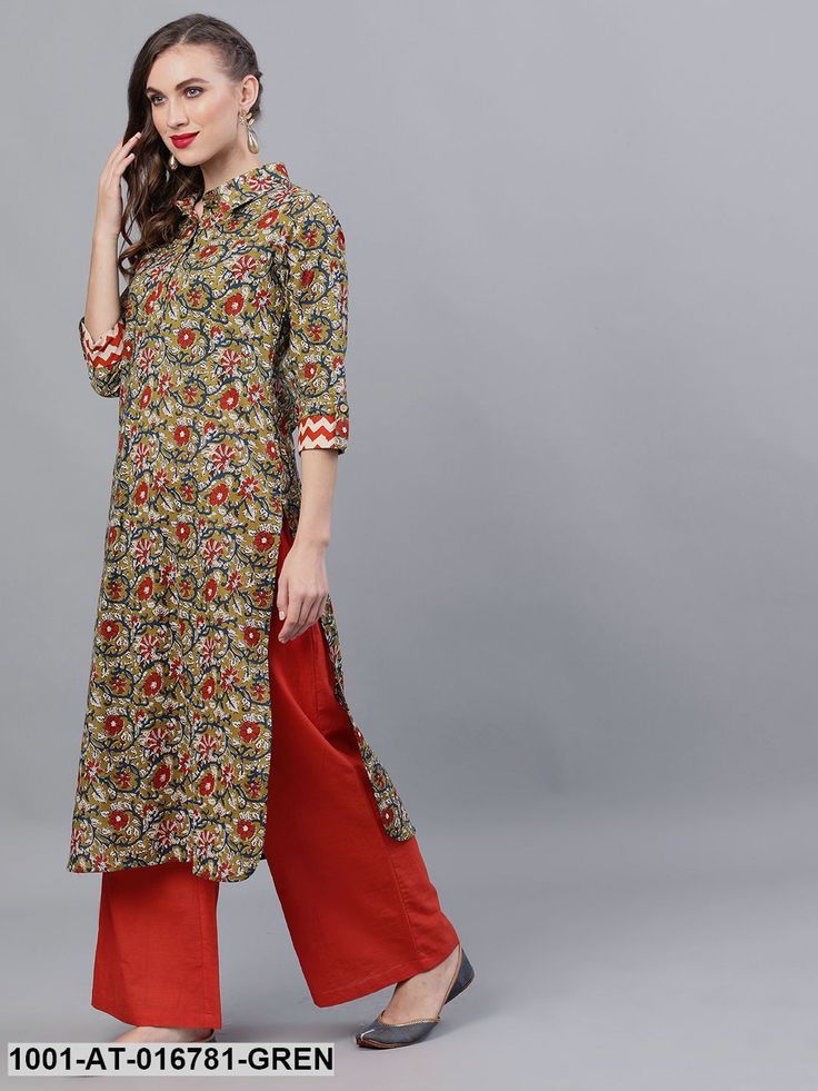 Green & Red Kalamkari Floral Printed Pathani Kurta Indian Artifacts, Free Shopping, Floral Printed, Western Fashion, Duster Coat, Floral Prints, Thank You, Floral, Green