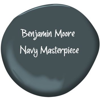 a gray paint with white lettering that says, benjamin moore navy masterpiece