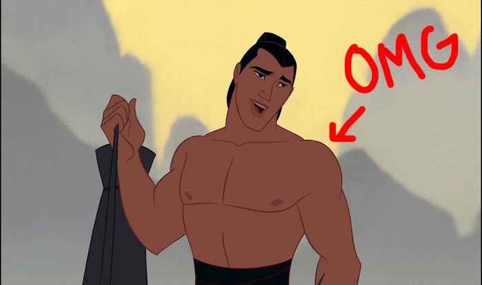 an animated man with no shirt on holding a black bag in front of his face