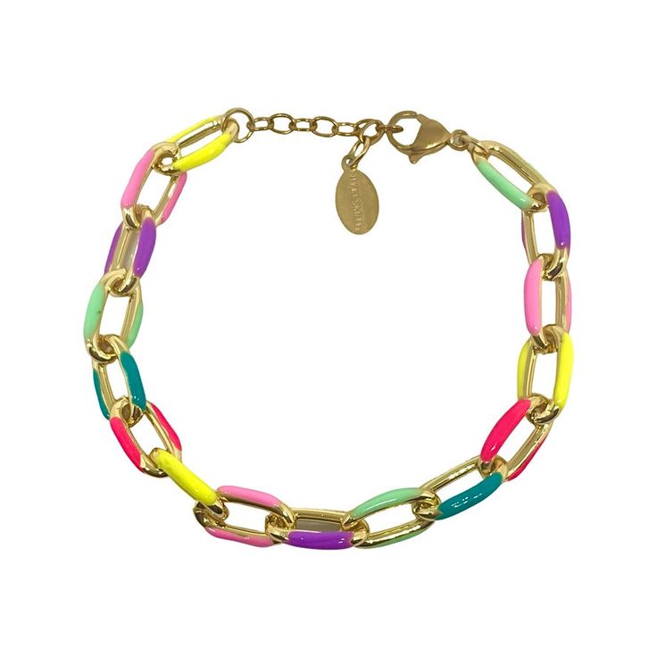 This chain bracelet is such a popular item. You can't go wrong with this fun piece! 14K gold plated. 6 inches with 1.5 inch extender and logo charm Bold Metal Bracelets For Gift, Bold Adjustable Gold Jewelry, Trendy Link Bracelets With Lobster Clasp, Multicolor Adjustable Chain Bracelet, Bold Jewelry With Adjustable Chain For Gift, Hypoallergenic Metal Chain Bracelet For Friendship, Trendy Link Charm Bracelet With Lobster Clasp, Trendy Metal Charm Bracelet With Extender, Trendy Adjustable Multicolor Chain Bracelet