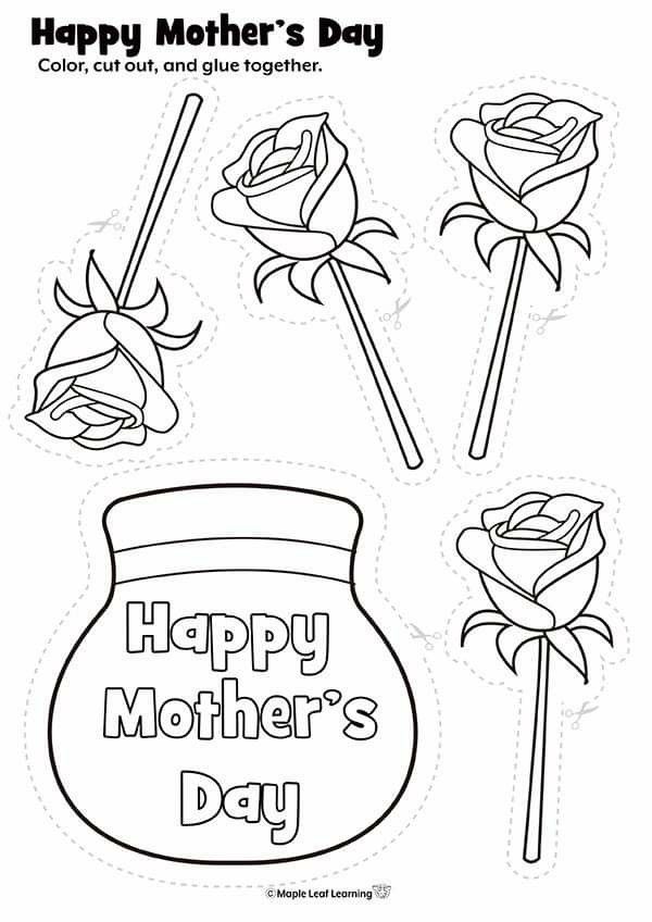 mother's day coloring pages with roses and vases on the side, for kids to color