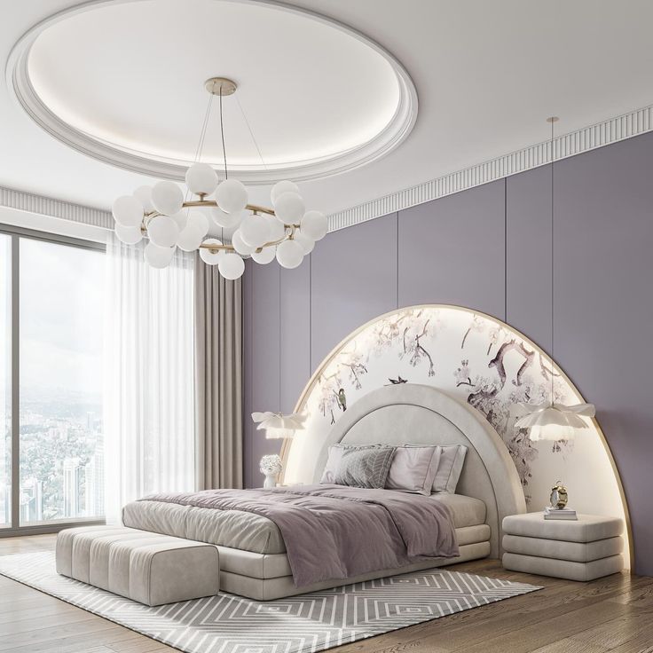 a modern bedroom with purple walls and white furniture