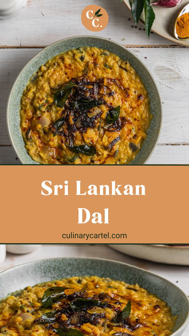 two bowls filled with food on top of a white wooden table and the words sri lanka dal