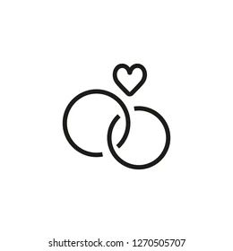 two wedding rings with a heart in the middle on a white background line art icon