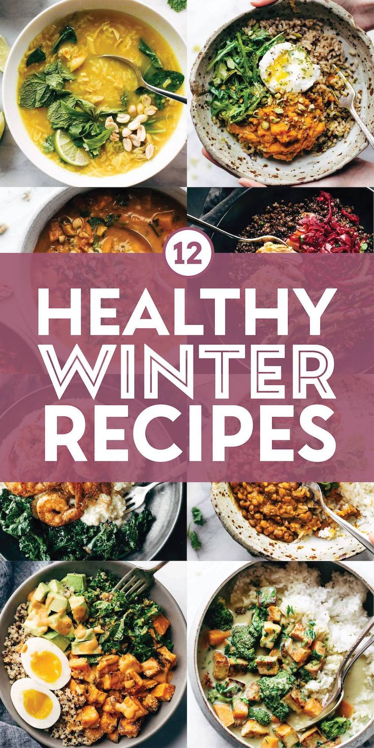 twelve healthy winter recipes with text overlay