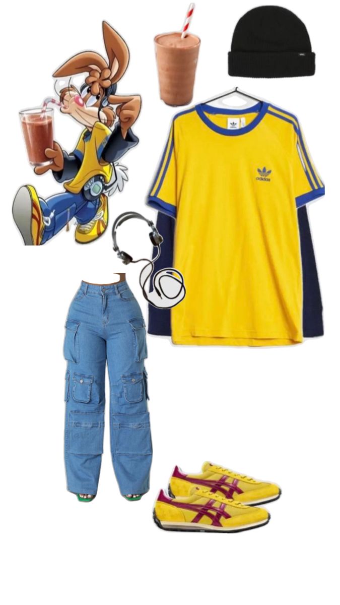 a yellow shirt, jeans and sneakers are arranged in the shape of an animal character