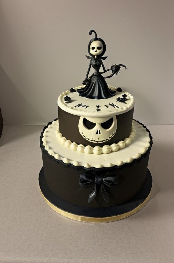 a three tiered cake with a skeleton on top and black ribbon around the edges