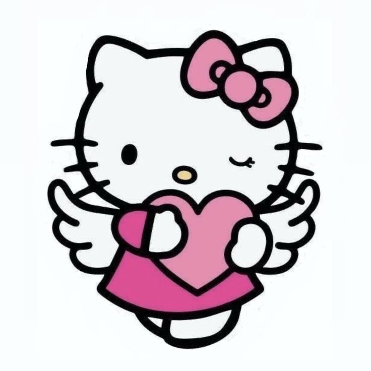 a hello kitty holding a heart with her arms in the shape of an angel's wings