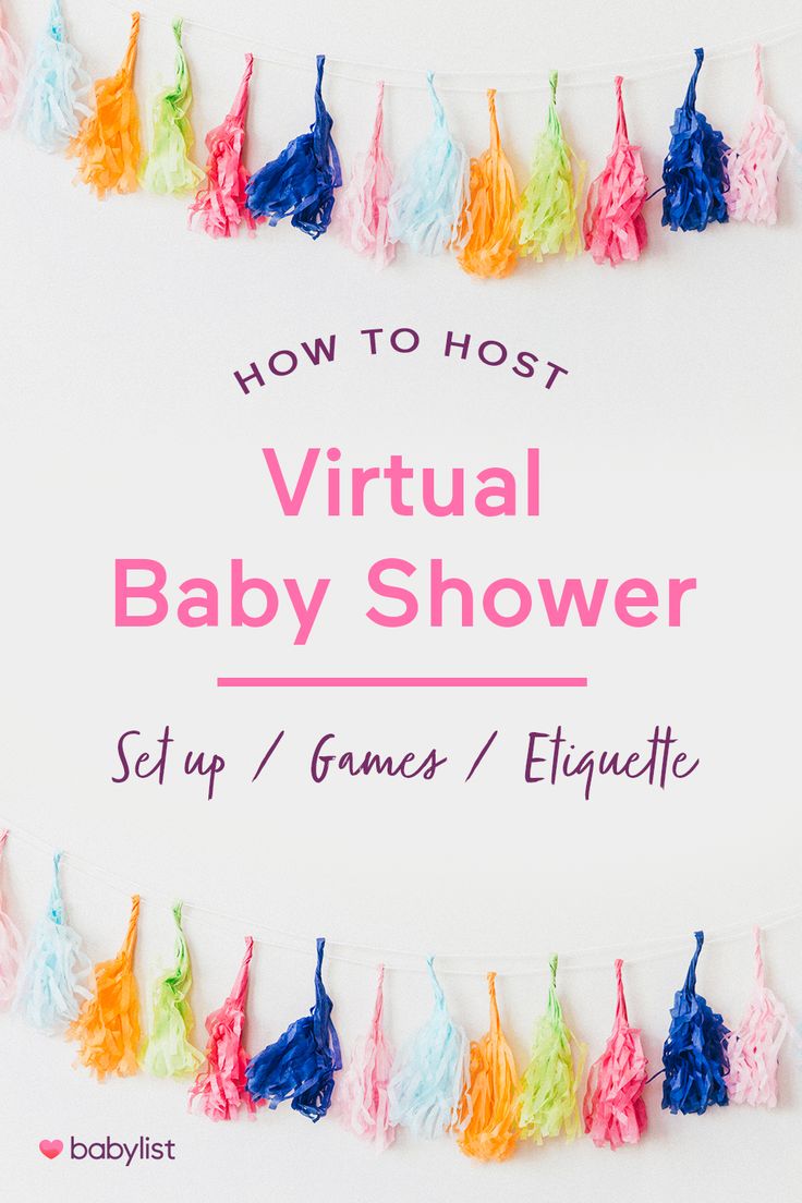 the words how to host virtual baby shower on a white background with colorful streamers