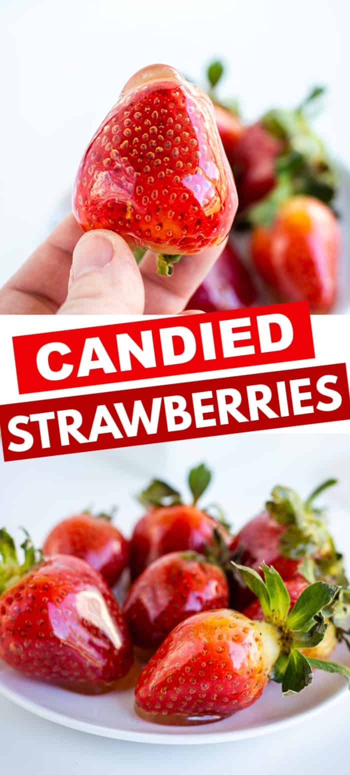 a person holding up a piece of fruit with the words candied strawberries on it