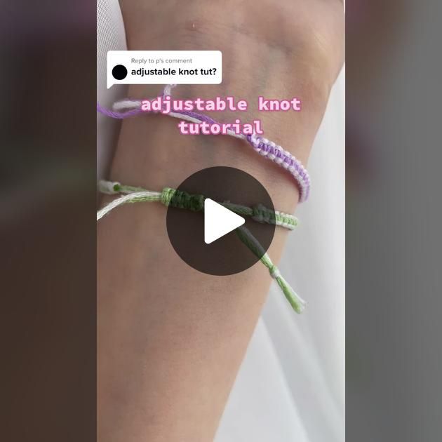 a woman wearing a purple and green string bracelet with an advertise knott on it