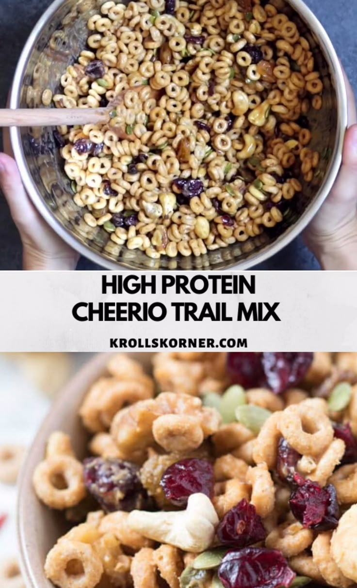 two pictures showing different types of cereals in bowls with the words high protein cheero trail mix