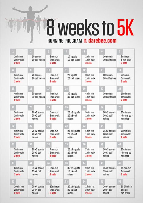 the 8 weeks to 5k running program is shown in red and white with an image of