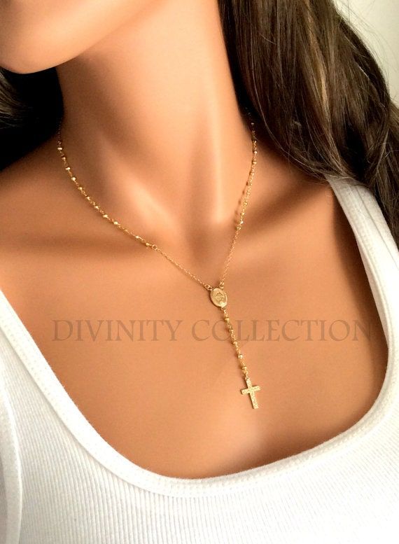 "Gold rosary necklace for women Catholic jewelry by Divinity Collection, cross necklaces. This is a beautiful gold Rosary Inspired Necklace for women. This gorgeous necklace is made of 24kt Gold Dipped 3-4mm faceted Pyrite gemstones on a 14kt gold Filled chain. Choose necklace length of 16\",18\" 20\", 22\" or 24\" length (this is the measurement around the neck only, does not include the drop) . Spring clasp closure sits at back. There is a beautiful 14kt gold filled 1/2\" Miraculous medallion Rosary Inspired Necklace, Gold Rosary Necklace, 14kt Gold Jewelry, Christian Cross Necklace, Yolanda Foster, Rosary Jewelry, Cross Necklace Women, Cross Jewelry Necklace, Gold Rosary