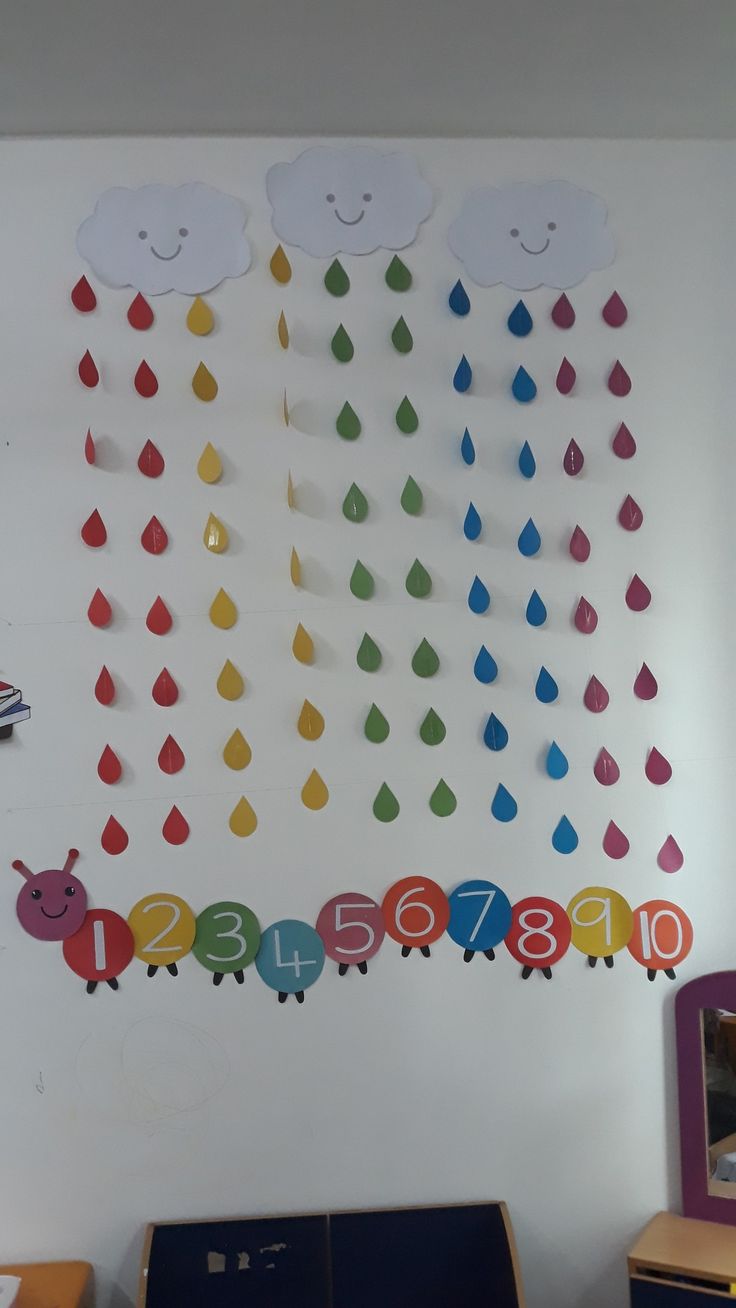 the wall is decorated with colorful raindrops and clouds