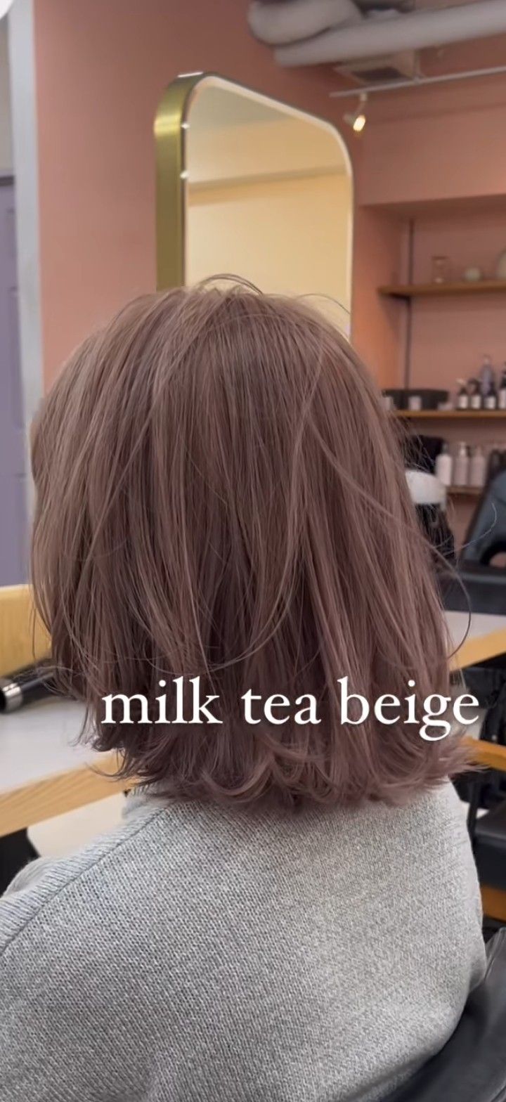 Milk Tea Beige Hair Balayage, Milktea Brown Hair Color Short Hair, Japanese Hair Color 2023, Dark Milk Tea Hair Color Asian, Short Milk Tea Brown Hair, Milk Tea Powder Hair, Milktea Hair Color For Short Hair, Korean Hair Color Cool Tone, Short Milk Tea Hair