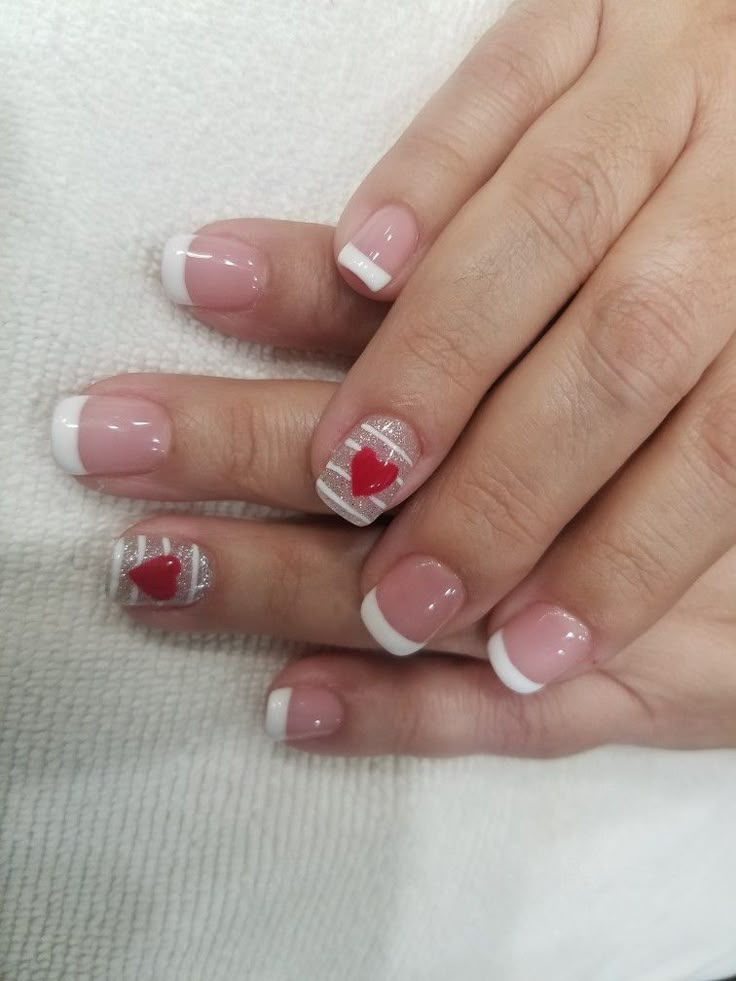 Valentines Day Nails With French Tips, Valentines Day Nails Designs French Tip, White French Tip Valentine Nails Short, February French Tip Nails, Valentines Day Nail Art Designs French Tips, Valentine’s Day Nails Short French Tip, Cute Valentine’s Day Nails French Tip, French Manicure Valentine Nails, French Tip Valentines Nails