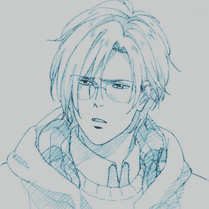 a drawing of an anime character with glasses and a hoodie over his shoulders, staring at the camera