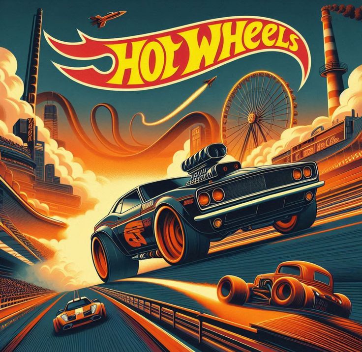 an image of a hot wheels movie poster with cars going down the road and ferris wheel in the background