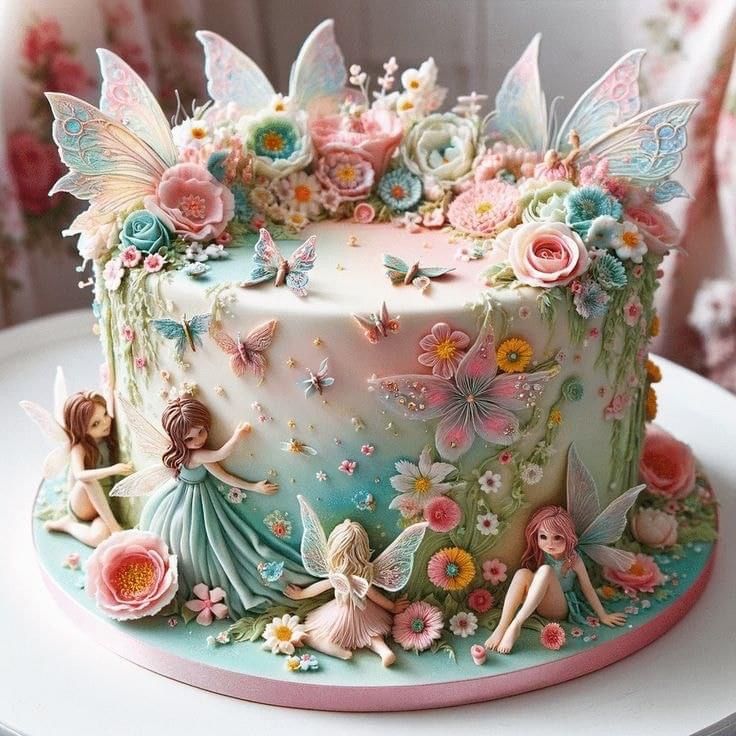 a cake decorated with flowers and fairy figurines