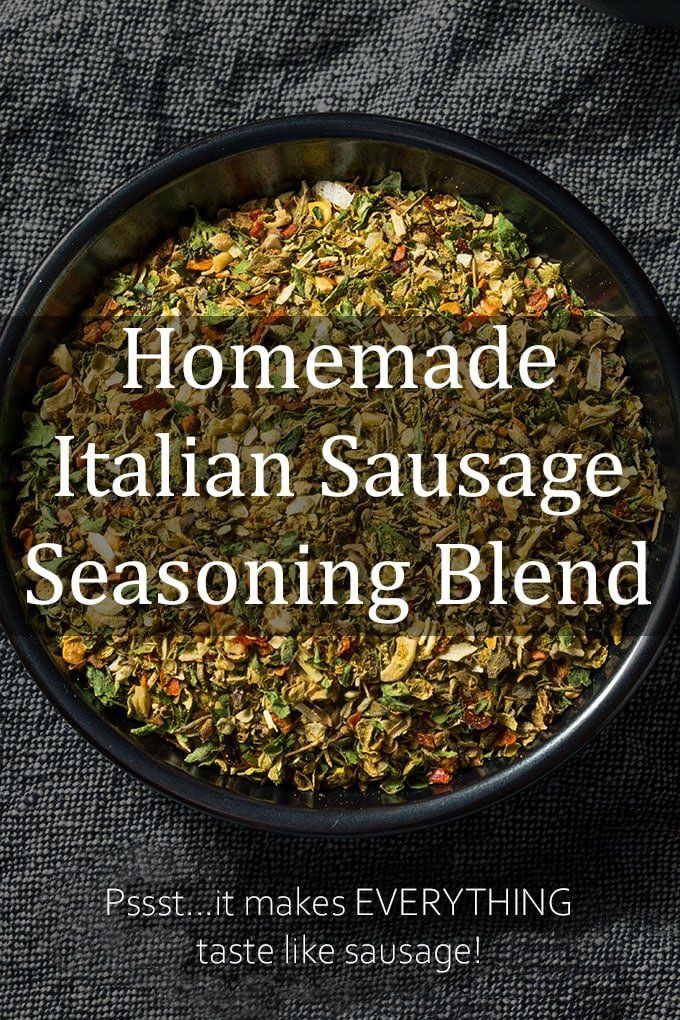 homemade italian sausage seasoning blend in a bowl with the words, homemade italian sausage seasoning blend